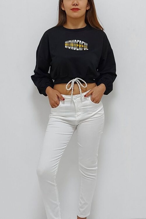 Baskılı Önden Bağlamalı Sweatshirt Siyah (Lisinya)