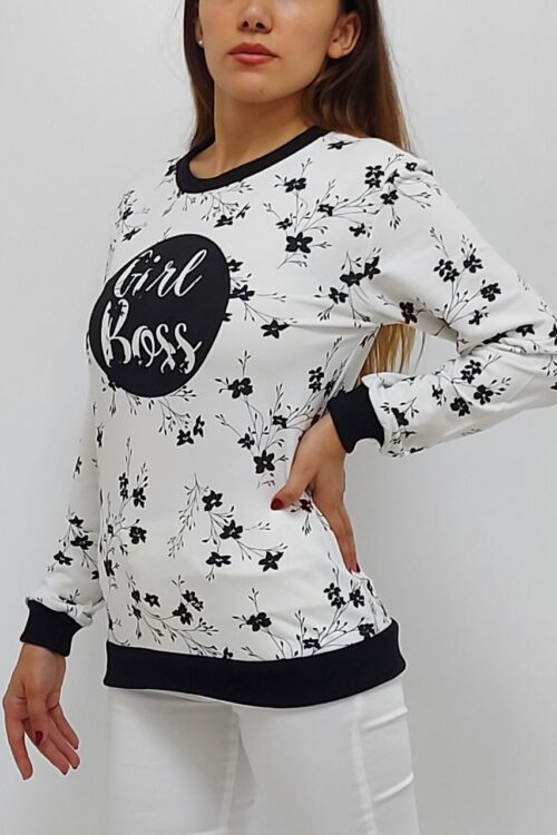 Girl Boss Baskılı Çiçek Desenli Sweatshirt Beyaz (Lisinya)