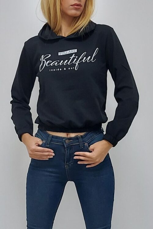 Kapüşonlu Beautiful Baskılı Sweatshirt Siyah (Lisinya)