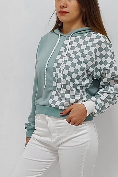 Kapüşonlu Kare Desenli Sweatshirt Mint (Lisinya)