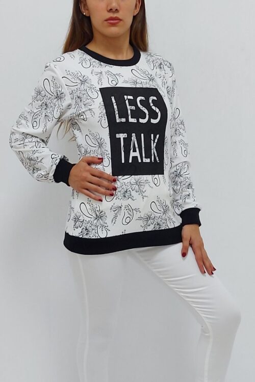 Less Talk Baskılı Desenli Sweatshirt Beyaz (Lisinya)