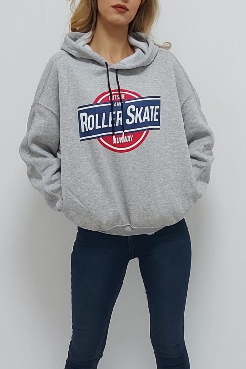 Kapüşonlu Roller Skate Baskılı İçi Pamuk Sweatshirt Gri (Lisinya)