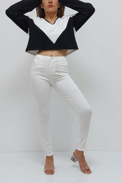 V Yaka Kısa Sweatshirt Beyaz-Siyah (Lisinya)
